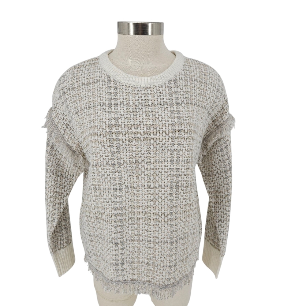 DKNY Sweater Ivory Metallic Long Sleeve Fringe Knit Pullover Small